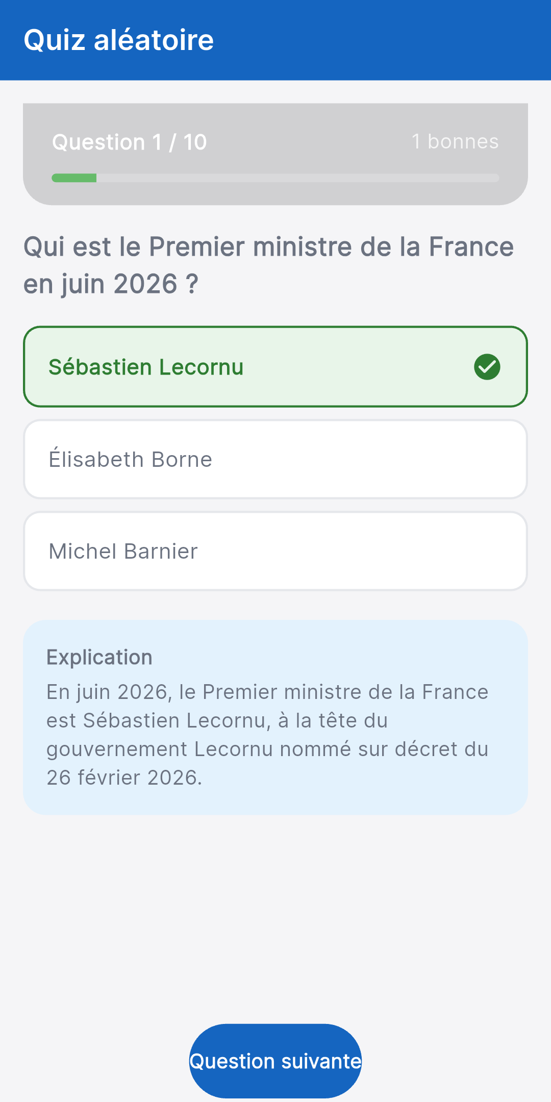 Correction expliquée après une réponse dans l'application Objectif Gardien - bonne réponse mise en évidence et explication détaillée